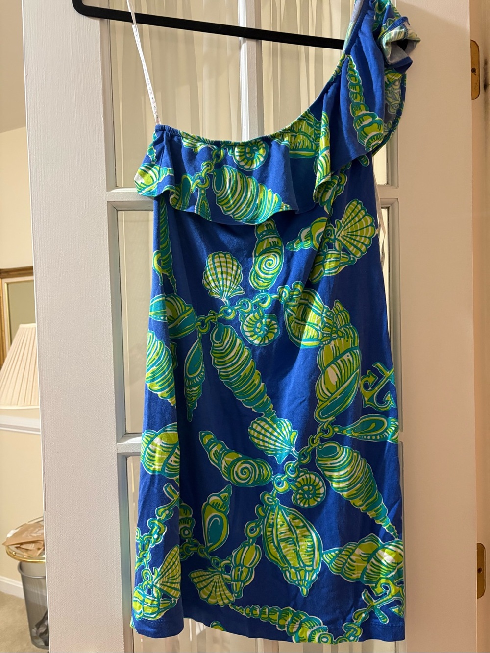 Lilly Pulitzer One-Shoulder Blue Dress with Lime Shell Print